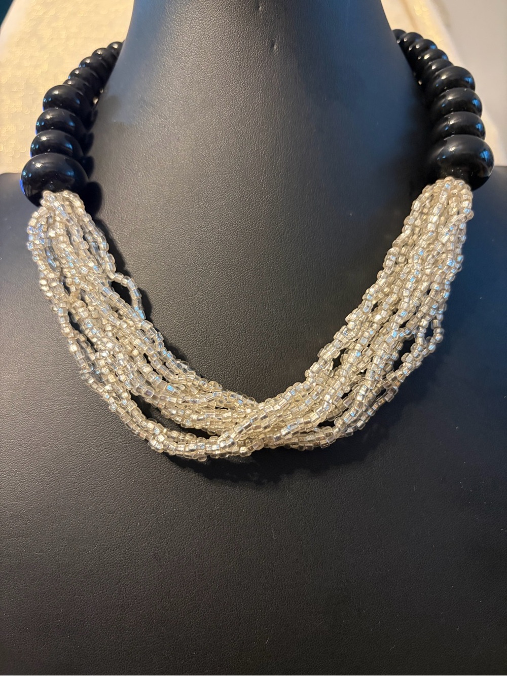 Multi-Strand Seed Bead and Black Bead Statement Necklace - Cream